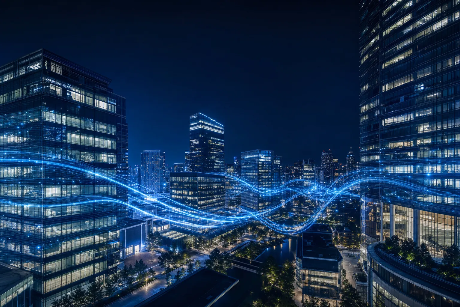Skyline moderner Wohn- und Gewerbeimmobilien bei Nacht mit digitaler Datenvernetzung