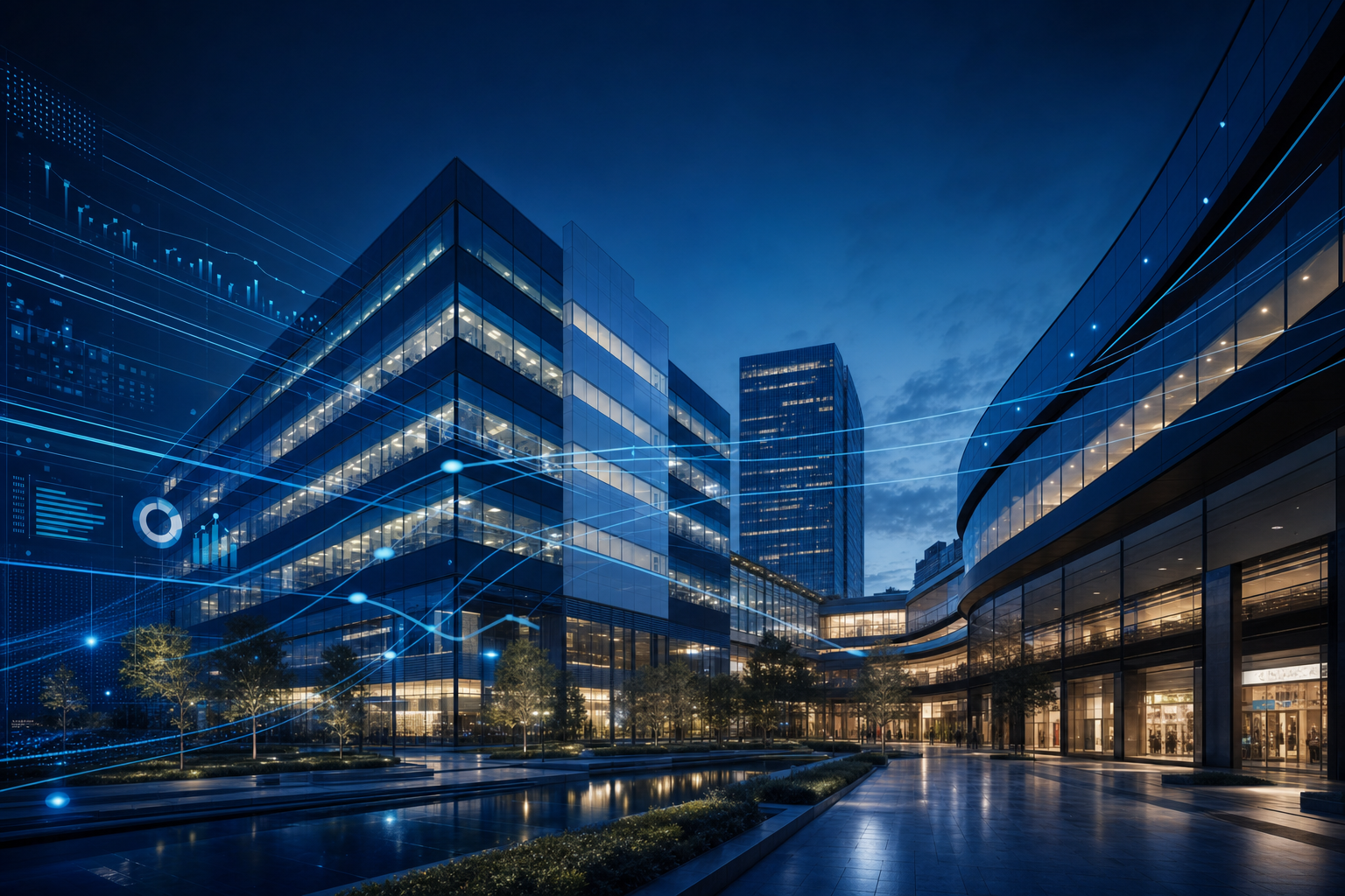 Moderne Gewerbeimmobilien bei Nacht mit digitaler Datenvernetzung – Domvera