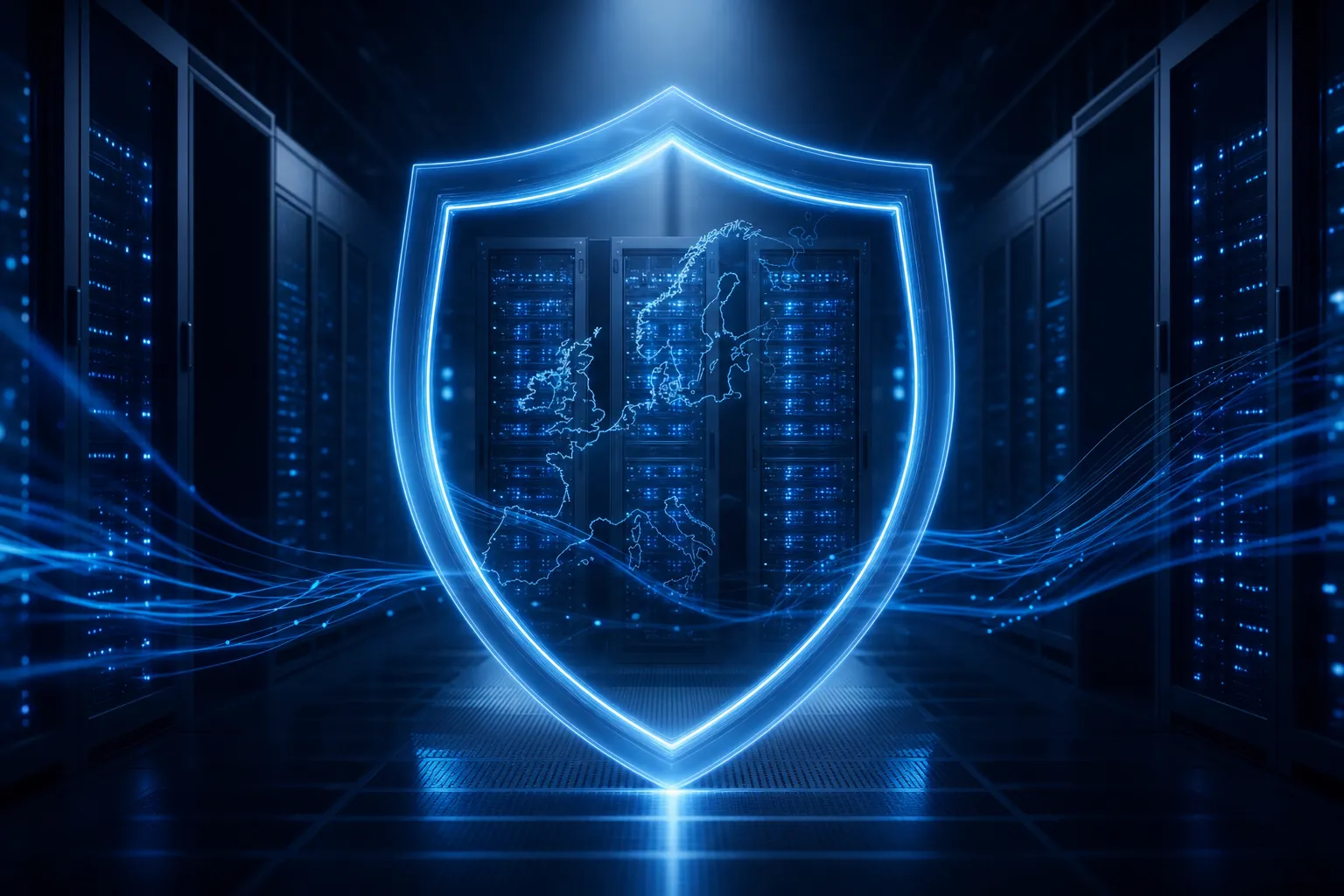 Schutzschild mit Europa-Karte über einem Rechenzentrum – sicheres EU-Hosting
